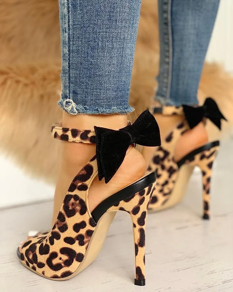 Ankle Strap Leopard Bow Thin Heels - Image 4