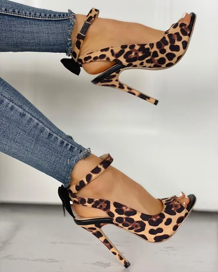 Ankle Strap Leopard Bow Thin Heels - Image 5