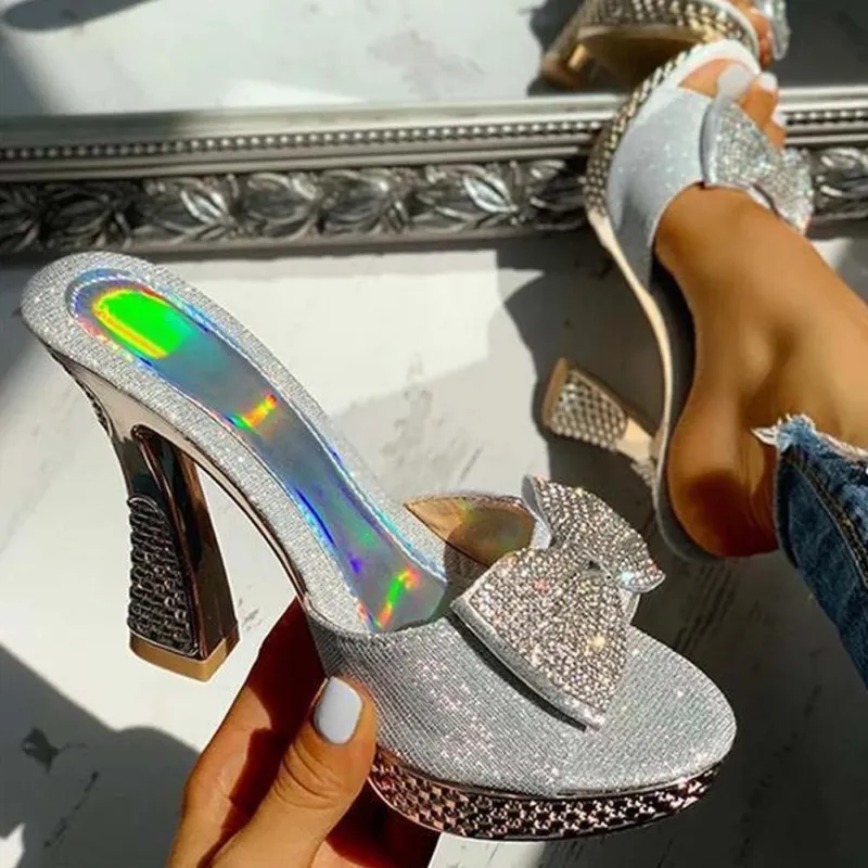 Sequined Open Toe Bow Tie Heels - Image 2