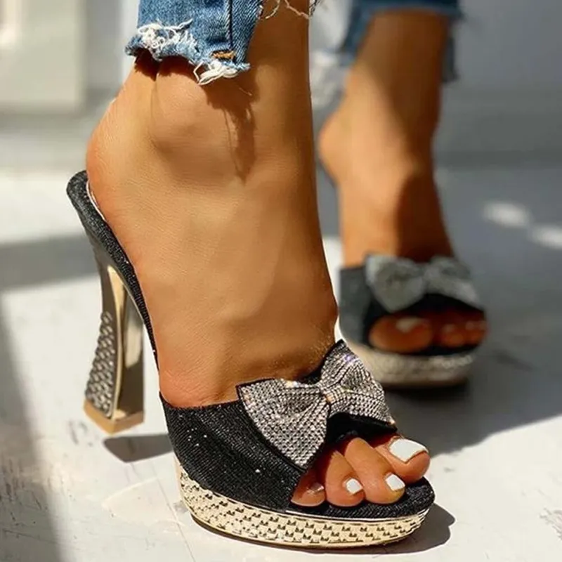 Sequined Open Toe Bow Tie Heels - Image 3