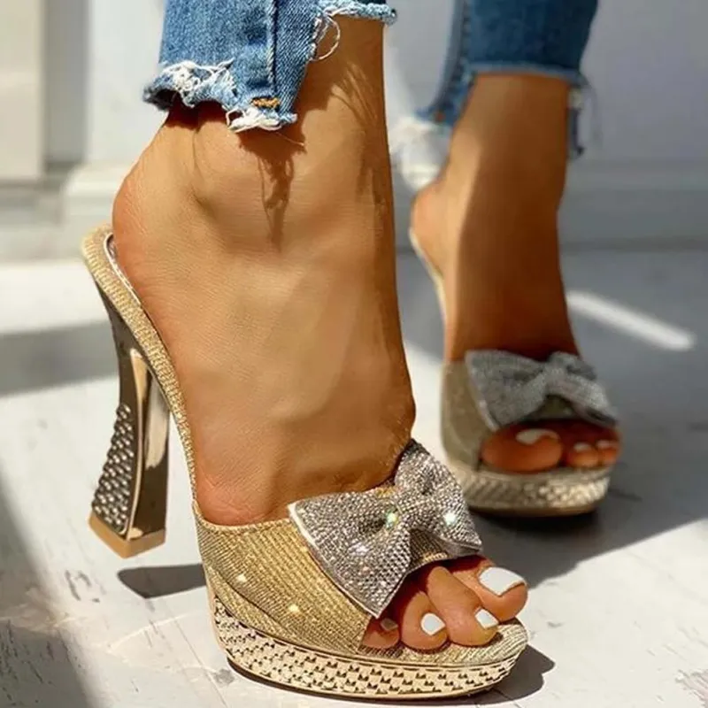 Sequined Open Toe Bow Tie Heels - Image 5