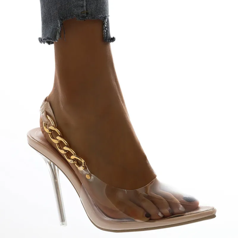 Transparent Pointed Toe Chain Heel Shoes - Image 4