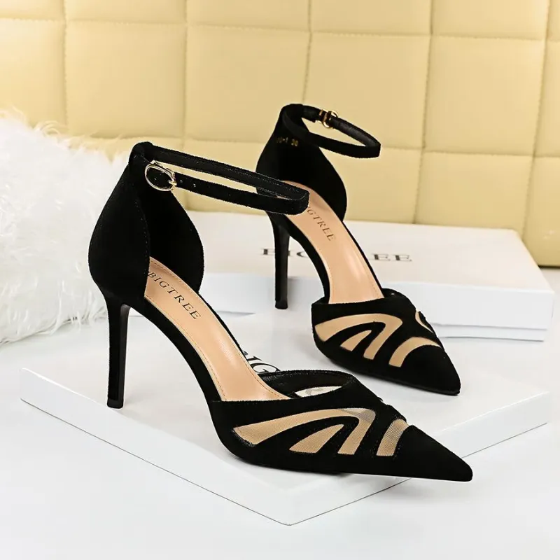 Mesh Panel Point Toe Heeled Ankle Strap Pumps - Image 2